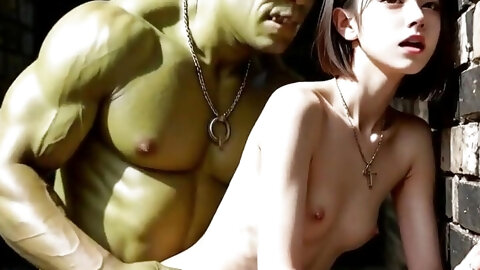 An Ai-generated Petite and Flat-chested Jpanese Girl Feels Ecstasy in the Arms of a Giant.